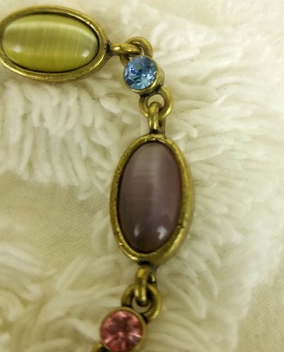 Lia Sophia Bracelet Aged Brass Tone Link Cab Rhinestone Multi Color Romantic 7" - Picture 7 of 12