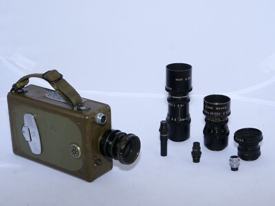 Bell & Howell US ARMY PH-431-B green 16mm Movie camera. (4) B&H 