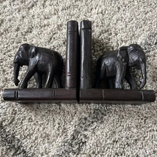 Carved Wooden Elephant Bookends Brown 2