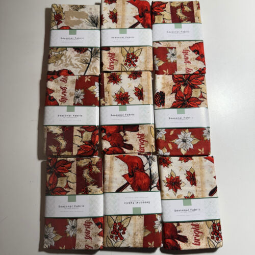 4 1/2 yards - 1/2 yard cuts Christmas Bird Poinsettia Cotton Fabric Material S - Picture 3 of 3