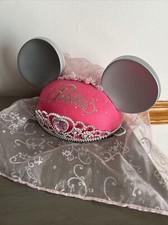 DISNEY Princess Tiara Ears with Cap Crown and Pink Veil
