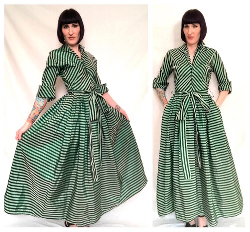 Vintage 1940s 1950s Green Sharkskin Taffeta Chevron Striped Gown Small XS - Picture 3 of 10