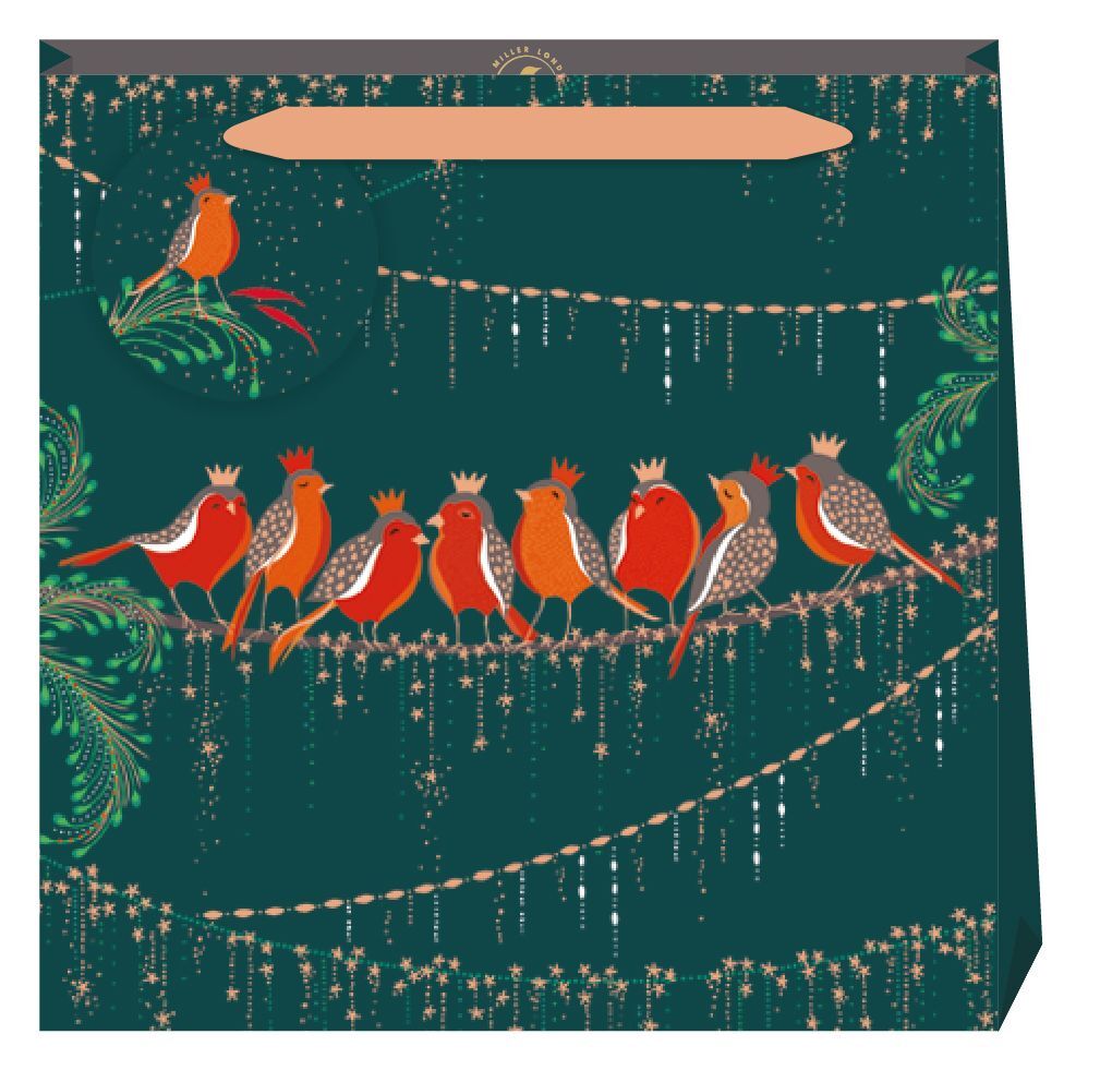 Robins Bird on Wire Green Gift Bag - Medium - Sara Miller Xmas NEW