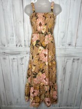 WOMENS ROXY SUNNIER SHORES TIERED SMOCKED TAN FLORAL SLEEVELESS MAXI DRESS S