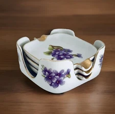 Vintage Japan Hand Painted Porcelain Set Of Ashtrays With Holder