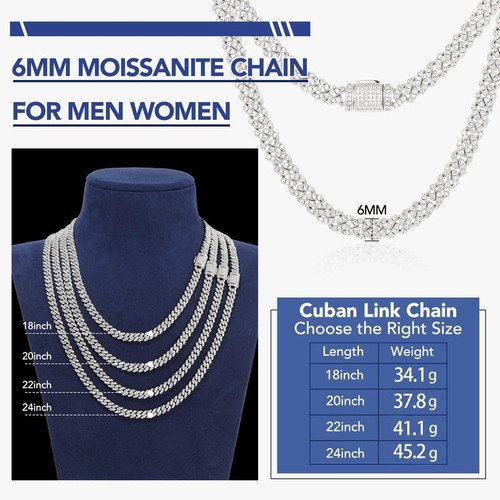 Moissanite Chain for Men 6MM 5.3-7 Ct Sterling Silver Iced Out Chain Silver/G... - Picture 4 of 8