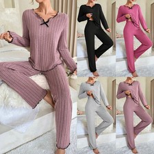 Women Ribbed Long Sleeve T Shirt Tops Trousers Pants Winter Tracksuit Outfit Set