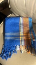 Blue Striped Beach Sarong Wrap Scarf Cover Up w/ Tassels 100 Cotton