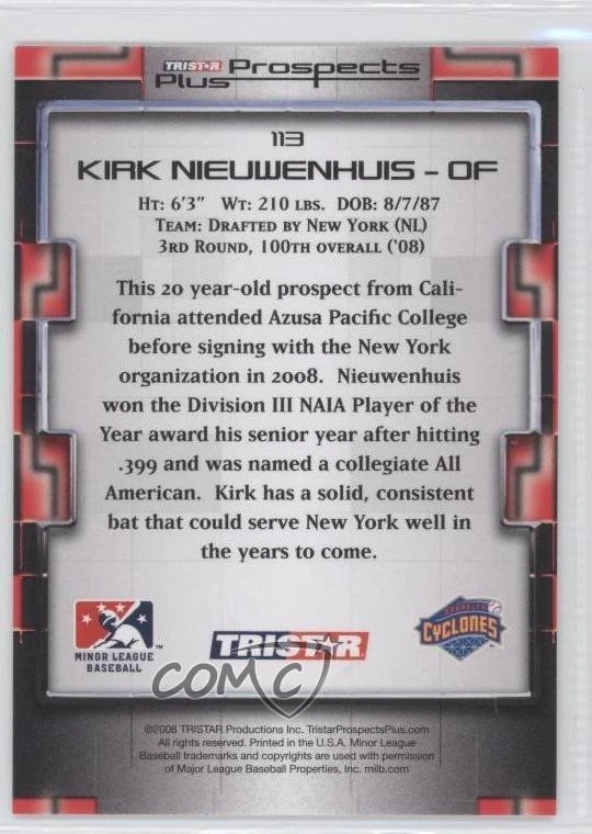 2008 TRISTAR Prospects Plus Kirk Nieuwenhuis #113 - Image 2 of 2
