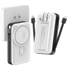 Magnetic Portable Charger 10000mAh Power Bank with Built in Cables White
