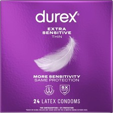 Durex Extra Sensitive Thin Condoms, Lubricated Latex Condoms for Men, 24 Count