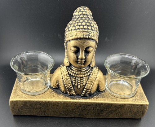 New Gold Buddha Candle Holder 2 Tealight Votive Holder Ornament Ceramic Statue - Picture 2 of 6