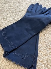 vintage navy blue dress gloves, distinctive scalloped edge at the opening.