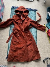 VINTAGE 70s Winlit Suede Leather Hooded Trench Coat Rust Orange Boho XS