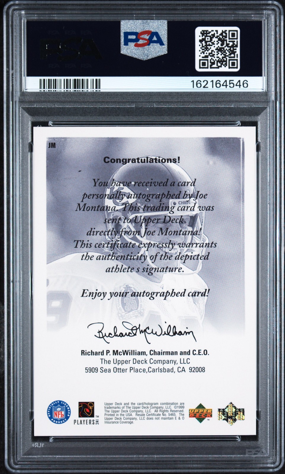 1999 UPPER DECK AUTHENTICS #JM JOE MONTANA PSA 9 view 2