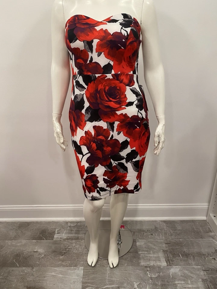 Vestido B Darlin Talla Grande 16 W Vestido Sin Tirantes Rojo Rosa Estampado Boda Invitada Vestido Foto 2 de 4