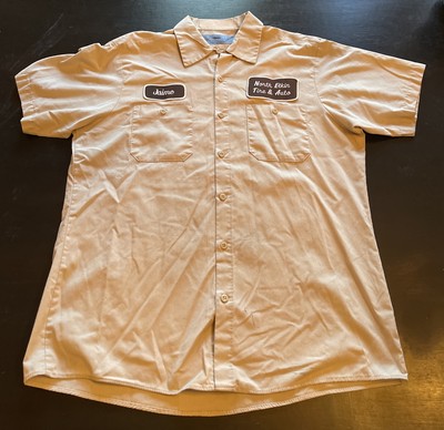 Cintas Work Shirt JAIME N ELKIN TIRE Garage Grunge Mechanic SS Beige Shirt L
