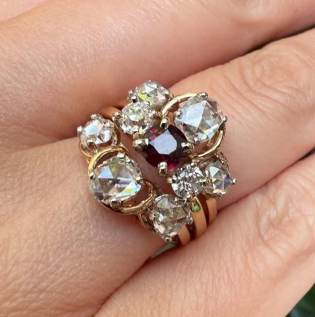 Solid Yellow Gold Round Ruby W/ Large Rose & Old … - image 4