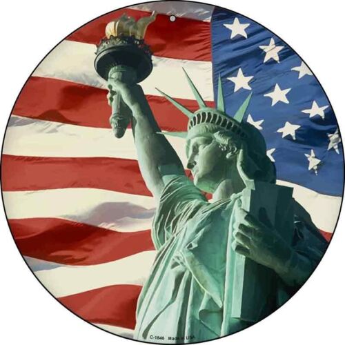 Lady Liberty American Flag Round Circular Metal Sign 12" Home Garage Wall Decor - Picture 1 of 1