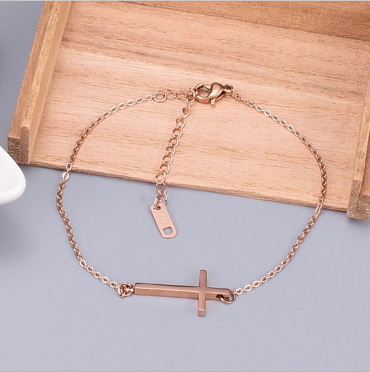 Pulsera de cadena de tobillo con pie de tobillera cruzada de acero inoxidable de oro rosa de 8+2" regalo PE49 Foto 2 de 4