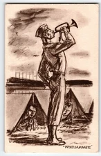 US Army Military Postcard Windjammer Bugle Horn Tents WM 1940's War Linen WW2