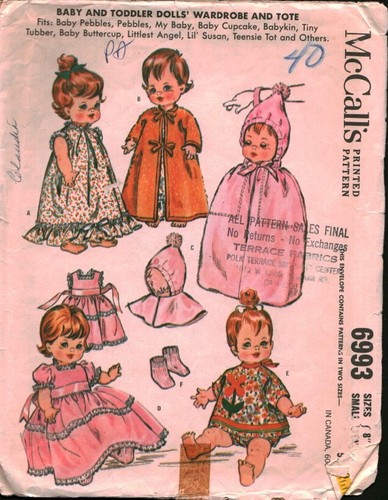 6993 Vintage McCalls Patrón de Costura Años 60 Muñeca Armario Vestido Bragas Bata Bolso
