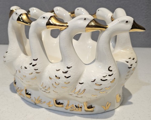 Hand Painted Holland Mold Gold And Ceramic Goose Decorative Bowl 9 inches Wide - Picture 6 of 15