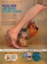 1958 Lady Schick Print Ad Allegro Model Yorkshire Terrier Alligator Shoes