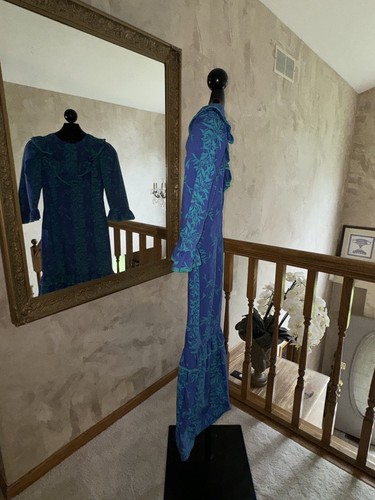 80s Nani of Hawaii Muumuu Royal Blue & Green Tea Leaf Lei Ruffles Vintage Small - Picture 5 of 23