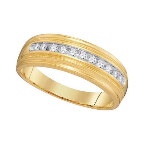 10kt Yellow Gold Mens Round Diamond Single Row Milgrain Wedding Band Ring - Picture 1 of 1