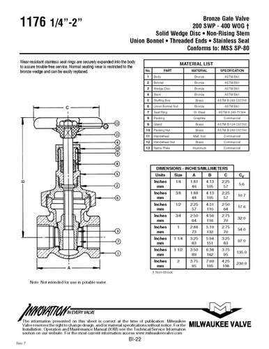 Milwaukee 2" Bronze 200 FNPT Non-Rising Stem Gate Valve Fig.1176 - Picture 6 of 6