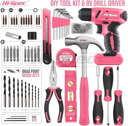 57Pc Pink 8V USB Electric Drill Driver & Household Tool Kit Set with Variable Sp - Picture 2 of 7