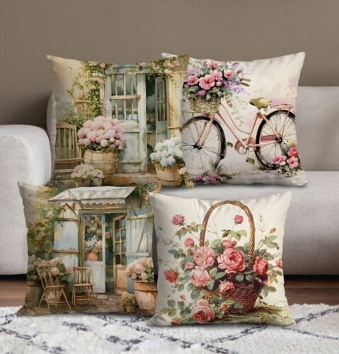 Set of 4 Floral Cushion Covers "Pink Roses in the Garden" Design, Invisible Zip - Picture 2 of 8