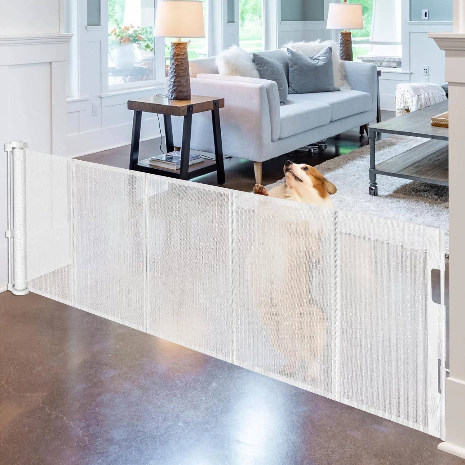 Retractable 18" Tall Dog Gate - 55" Wide Mesh Pet Barrier for Indoor/Outdoor Use