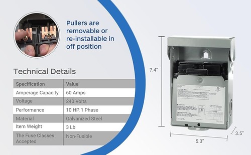 Midwest U065P Weatherproof Non-fusible Pull-Out Disconnect,  60A 240V  AC, 10 hp - Picture 10 of 16