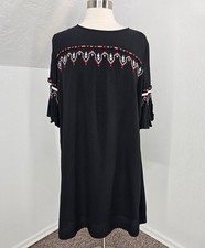 LOFT Size Large Black Mini Dress Boho Embroidered Bell Sleeves Shift Style
