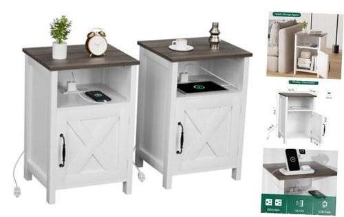 Farmhouse Nightstand with Charging Station, Modern Bedside Table Set of 2 White