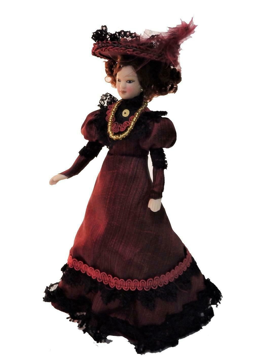 Dolls House Victorian Lady in Plum Outfit Miniature People Porcelain