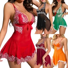 Sexy Women's Lingerie Floral Lace Sheer Nightwear Sleepwear Dress & G-string Set