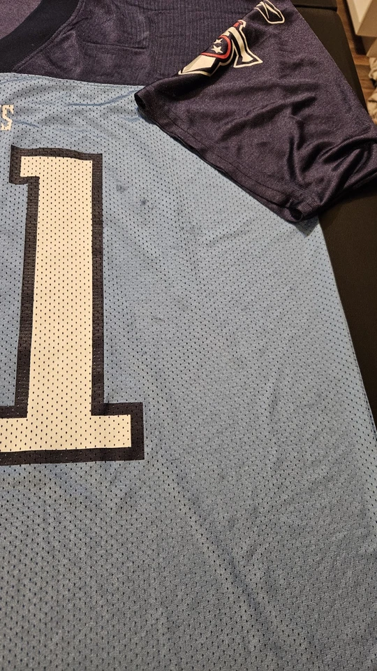 Camiseta de fútbol americano Cortland Finnegan Tennessee Titans Reebok para hombre L azul MANCHAS Foto 3 de 4