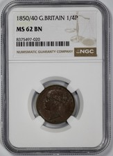 1850 / 40 Great Britain 1/4P Farthing NGC MS 62 BN