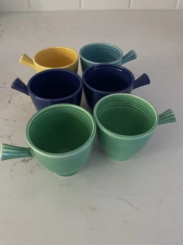 Vintage Fiesta Demitasse Stick Handle Cups. Set of 6 Green, Blue, Yellow