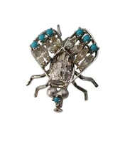Vintage sterling silver 925 quartz & turquoise FLY insect bug brooch pin