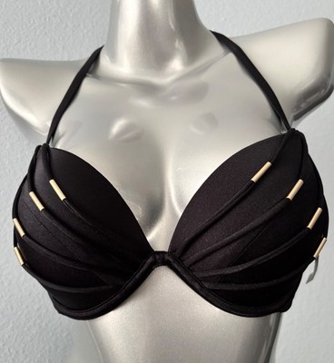 Victoria's Secret Swim Bikini Top New Black w/ Gold Push Up Strappy Underwire