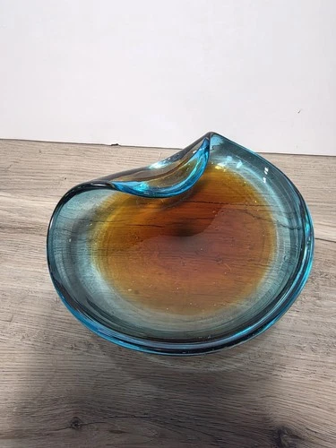 Vtg Murano Style Sommerso Art Glass Bowl Amber Blue Freeform 3.2 lb Ashtray