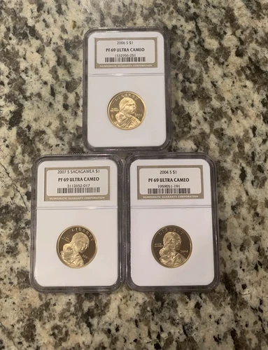 (3)  2004-S, 2006-S, 2007-S.  Sacagawea Dollar Coins.  NGC PF-69 Ultra cameo.