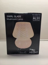 (1) New Alsy Lighting 7" Swirl Glass Mushroom Lamp, White, On/Off Switch 