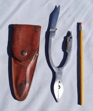Vintage Chrome Anglers Pliers Knfie w/Hook Sharpener Stone In Handle Leathe Bel