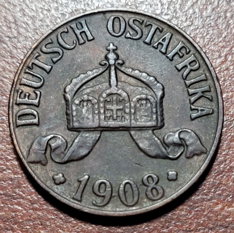 German E AFRICA Tanzania 1908 J 1 Heller KM# 7 EF XF Original Toning Coin