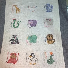 Childrens Zoo Embroidered Quilt Blanket Handmade Baby Toddler Animal Theme